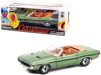 1970 Dodge Challenger R/T Convertible F8 Green Metallic with Black Stripes and Deluxe Wheel Covers 1/18 Diecast Model Car by Greenlight