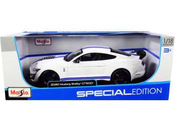 2020 Ford Mustang Shelby GT500 White with Blue Stripes Special Edition 1/18 Diecast Model Car by Maisto