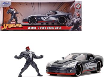 2008 Dodge Viper SRT10 Dark Gray with Venom Diecast Figurine \Spider-Man\" \""Marvel\"" Series 1/24 Diecast Model Car by Jada"""