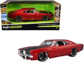 1969 Dodge Charger R/T Red Metallic with Black Hood and Black Stripes \Classic Muscle\" 1/25 Diecast Model Car by Maisto"""