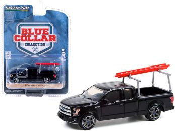 2017 Ford F-150 Pickup Truck with Ladder Rack Black Blue Collar Collection Series 9 1/64 Diecast Model Car by Greenlight