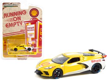 2021 Chevrolet Corvette C8 Stingray Coupe Shell Oil Yellow and White Running on Empty Series 13 1/64 Diecast Model Car by Greenlight