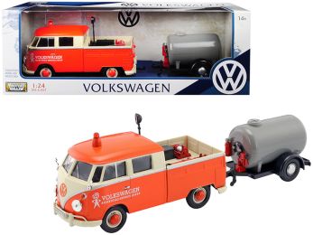 Volkswagen Type 2 (T1) Pickup Truck Orange and Cream with Oil Trailer \Road Service\ 1/24 Diecast Model Car by Motormax