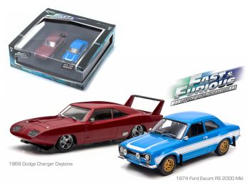 1969 Dodge Charger Daytona and 1974 Ford Escort RS 2000 Mkl \The Fast and The Furious\" Movie Set of 2 pieces 1/43 Diecast Model Cars by Greenlight"""