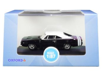 1968 Dodge Charger Black with White Top and White Stripes 1/87 (HO) Scale Diecast Model Car by Oxford Diecast