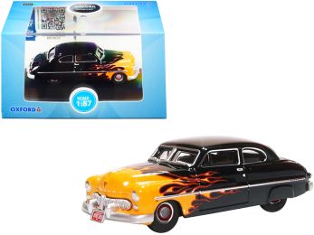 1949 Mercury Coupe Hot Rod Black and Yellow with Flames 1/87 (HO) Scale Diecast Model Car by Oxford Diecast