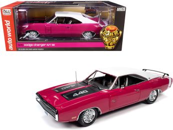 1970 Dodge Charger R/T SE 440 Hardtop Panther Pink with White Top and Stripe and Black Stripes \Class of 1970\" 1/18 Diecast Model Car by Autoworld"""