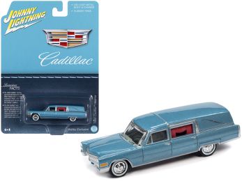 1966 Cadillac Hearse Light Blue Metallic Special Edition 1/64 Diecast Model Car by Johnny Lightning