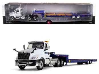 International LT Day Cab \Komatsu\" with \""Ledwell\"" Hydratail Trailer White and Blue 1/34 Diecast Model by First Gear"""