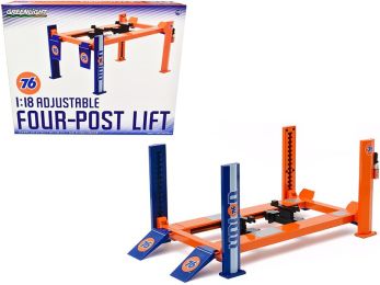 Adjustable Four Post Lift Orange and Blue \Union 76\" for 1/18 Scale Diecast Model Cars by Greenlight"""