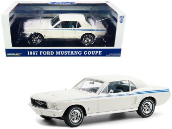 1967 Ford Mustang Coupe Wimbledon White with Scotchlite Blue Stripes Indy Pacesetter Special 1/18 Diecast Model Car by Greenlight