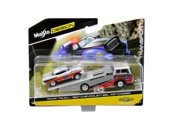 1957 Chevrolet Bel Air Gasser #786 Silver and Red with Ramp Tow Truck \Elite Transport\" 1/64 Diecast Models by Maisto"""