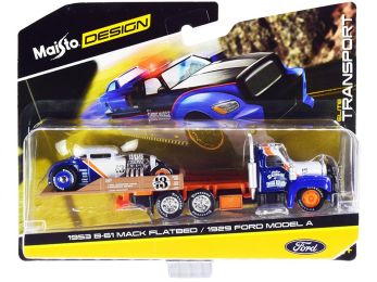 1953 Mack B-61 Flatbed Truck with 1929 Ford Model A #13 Blue and White with Orange Stripe \Elite Transport\" Series 1/64 Diecast Models by Maisto"""