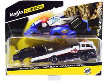 1987 Buick Grand National Matt Black with Red Stripes and Ramp Truck Black and White Elite Transport Series 1/64 Diecast Models by Maisto