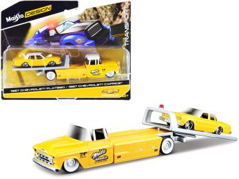 1957 Chevrolet Flatbed Truck with 1987 Chevrolet Caprice Yellow with White Top Elite Transport Series 1/64 Diecast Models by Maisto