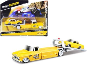 1957 Chevrolet Flatbed Truck with 1987 Chevrolet Caprice Yellow with White Top Elite Transport Series 1/64 Diecast Models by Maisto