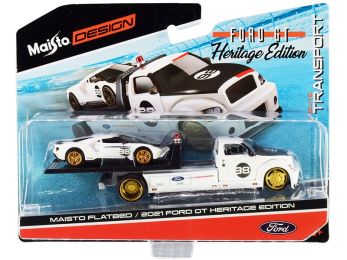2021 Ford GT #98 Heritage Edition with Flatbed Truck White and Black \Elite Transport\" Series 1/64 Diecast Model Cars by Maisto"""