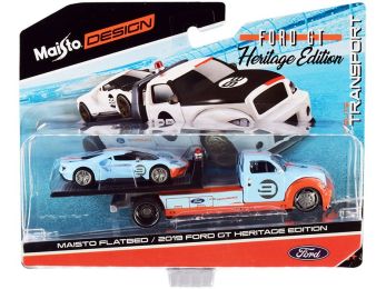 2019 Ford GT #9 Heritage Edition with Flatbed Truck Light Blue and Orange \Elite Transport\" Series 1/64 Diecast Model Cars by Maisto"""