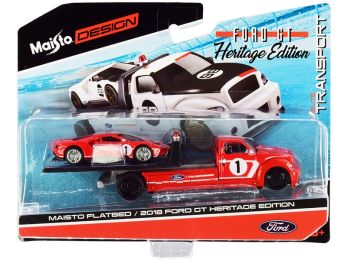 2018 Ford GT #1 Heritage Edition with Flatbed Truck Red with White Stripes \Elite Transport\" Series 1/64 Diecast Model Cars by Maisto"""