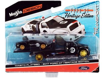 2017 Ford GT #2 Heritage Edition with Flatbed Truck Black \Elite Transport\" Series 1/64 Diecast Model Cars by Maisto"""