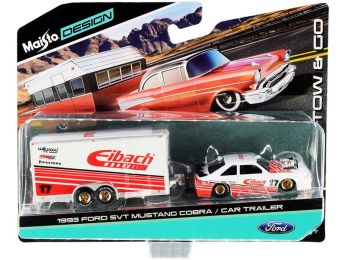 1993 Ford SVT Mustang Cobra #17 with Enclosed Car Trailer \Eibach\" White with Red Stripes \""Tow & Go\"" Series 1/64 Diecast Model Cars by Maisto"""