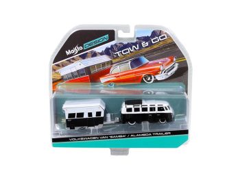 Volkswagen Van \Samba\ with Alameda Trailer Black / White Tow & Go 1/64 Diecast Model by Maisto