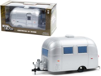 Airstream 16â€™ Bambi Sport Camper Travel Trailer Silver with Curtains Drawn Hitch & Tow Trailers Series 6 1/24 Diecast Model by Greenlight