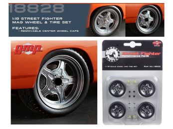 Street Fighter Mag Wheel and Tire Set of 4 pieces from \1970 Plymouth RoadRunner \"The Hammer\"" \""Fast & Furious\"" Movie 1/18 by GMP"""
