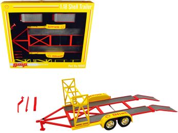 Tandem Car Trailer with Tire Rack \Shell Oil\" Yellow 1/18 Diecast Model by GMP"""