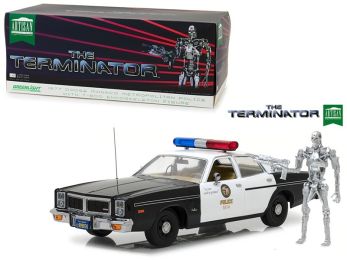 1977 Dodge Monaco Metropolitan Police with T-800 Endoskeleton Figurine \The Terminator\" (1984) Movie 1/18 Diecast Model Car by Greenlight"""