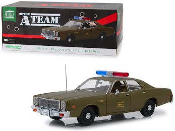 1977 Plymouth Fury U.S. Army Police Army Green \The A-Team\" (1983-1987) TV Series 1/18 Diecast Model Car by Greenlight"""
