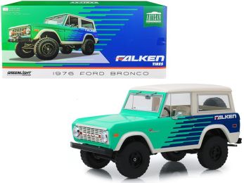 1976 Ford Bronco Green and Blue with Cream Top \Falken Tires\" 1/18 Diecast Model Car by Greenlight"""