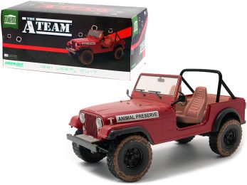 1981 Jeep CJ-7 \Animal Preserve\" Red (Dirty Version) \""The A-Team\"" (1983-1987) TV Series 1/18 Diecast Model Car by Greenlight"""
