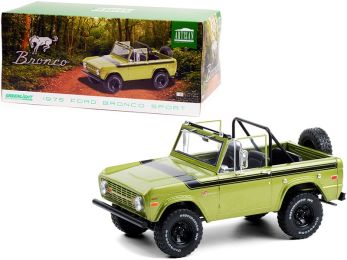 1975 Ford Bronco Sport Medium Green Glow with Black Stripes and Sunraysia Wheels 1/18 Diecast Model Car by Greenlight