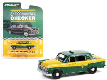 1960 Checker Marathon Taxi Green and Yellow Checker 60th Anniversary Anniversary Collection Series 12 1/64 Diecast Model Car by Greenlight