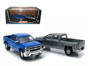 2014 Chevrolet Silverado LTZ Pickup Trucks 2 Piece Set Blue and Raw Metal Versions \First Cut\" 1/64 Diecast Model Cars by Greenlight"""