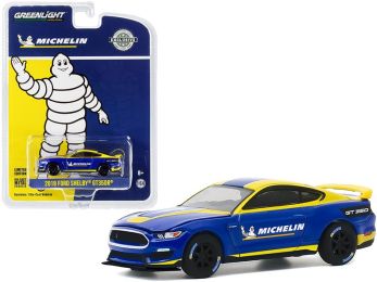 2019 Ford Mustang Shelby GT350R \Michelin Tires\" Blue with Yellow Stripes \""Hobby Exclusive\"" 1/64 Diecast Model Car by Greenlight"""