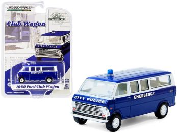 1969 Ford Club Wagon Bus Dark Blue and White \City Police Emergency\" \""Hobby Exclusive\"" 1/64 Diecast Model Car by Greenlight"""