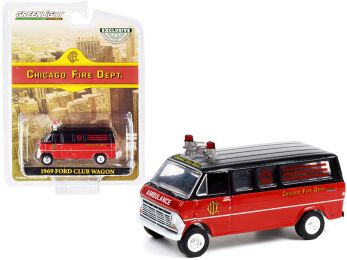1969 Ford Club Wagon Ambulance Black and Red Chicago Fire Department Hobby Exclusive 1/64 Diecast Model Car by Greenlight