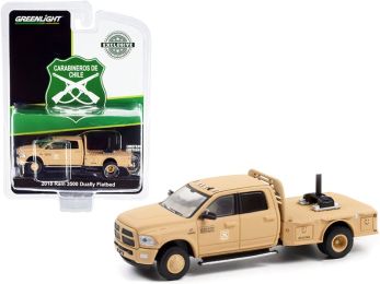 2018 Ram 3500 Heavy Duty Dually Flatbed Matt Tan \Carabineros de Chile\" Police Truck \""Hobby Exclusive\"" 1/64 Diecast Model Car by Greenlight"""