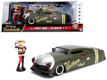 1951 Mercury Matt Green with Harley Quinn Diecast Figurine \DC Comics Bombshells\" Series 1/24 Diecast Model Car by Jada"""