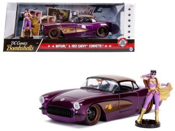 1957 Chevrolet Corvette Purple with Batgirl Diecast Figurine \DC Comics Bombshells\" Series 1/24 Diecast Model Car by Jada"""