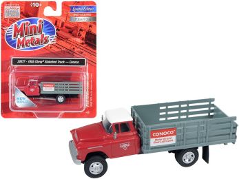 1955 Chevrolet Stakebed Truck \Conoco\" Red and Gray 1/87 (HO) Scale Model by Classic Metal Works"""