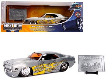 1969 Chevrolet Camaro Raw Metal with Yellow Flames \Bigtime Muscle\" \""Jada 20th Anniversary\"" 1/24 Diecast Model Car by Jada"""