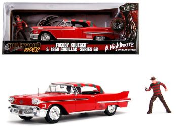 1958 Cadillac Series 62 Red with Freddy Krueger Diecast Figurine \A Nightmare on Elm Street\" Movie 1/24 Diecast Model Car by Jada"""