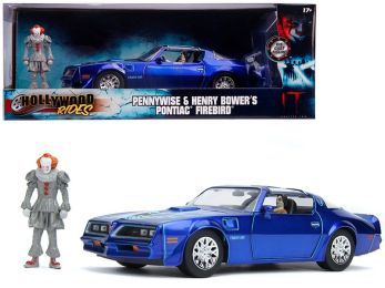 Henry Bower\'s Pontiac Firebird Trans Am Candy Blue with Pennywise Diecast Figurine \It Chapter Two\" (2019) Movie 1/24 Diecast Model Car by Jada"""