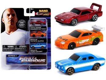 \Fast & Furious\" 3 piece Set \""Nano Hollywood Rides\"" Series 1 Diecast Model Cars by Jada"""