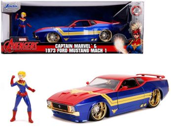 1973 Ford Mustang Mach 1 with Captain Marvel Diecast Figurine \Avengers\" \""Marvel\"" Series 1/24 Diecast Model Car by Jada"""
