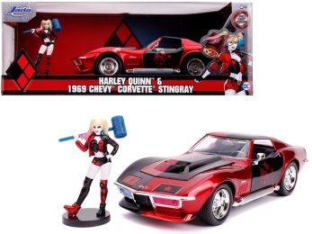 1969 Chevrolet Corvette Stingray with Harley Quinn Diecast Figurine \DC Comics\" Series 1/24 Diecast Model Car by Jada"""