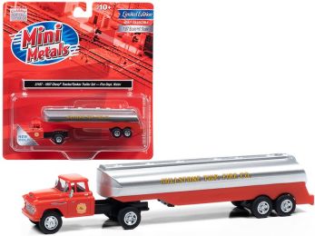 1957 Chevrolet Truck Tractor with Tanker Trailer Orange and Silver \Millstone Township Fire Co.\" 1/87 (HO) Scale Model by Classic Metal Works"""